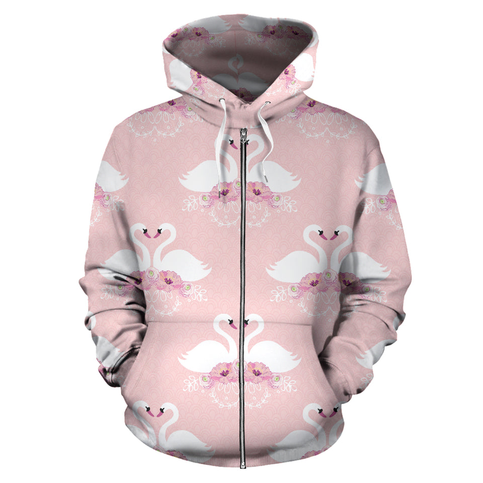 White Swan And Flower Love Pattern Zip Up Hoodie