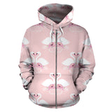 White Swan And Flower Love Pattern Zip Up Hoodie