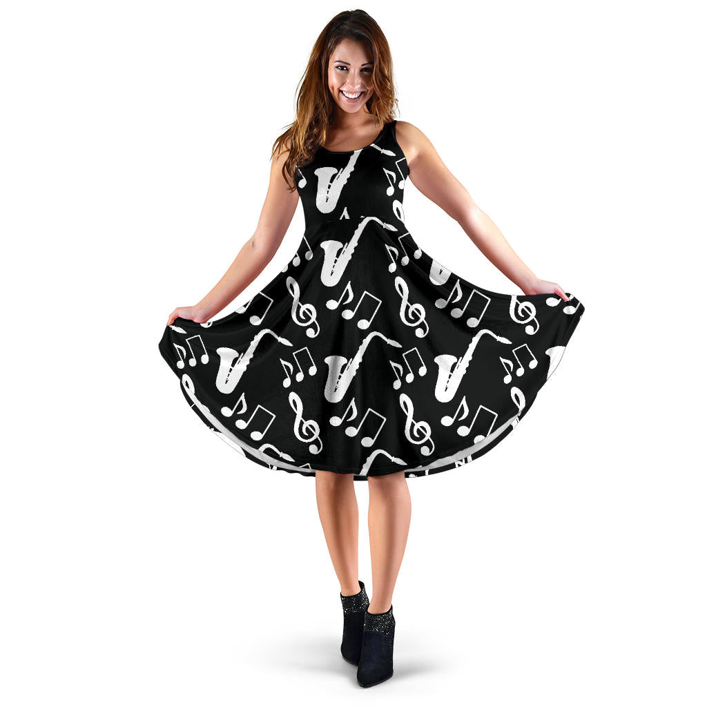 Saxophone Music Notes Treble Clef Black White Theme Sleeveless Midi Dress