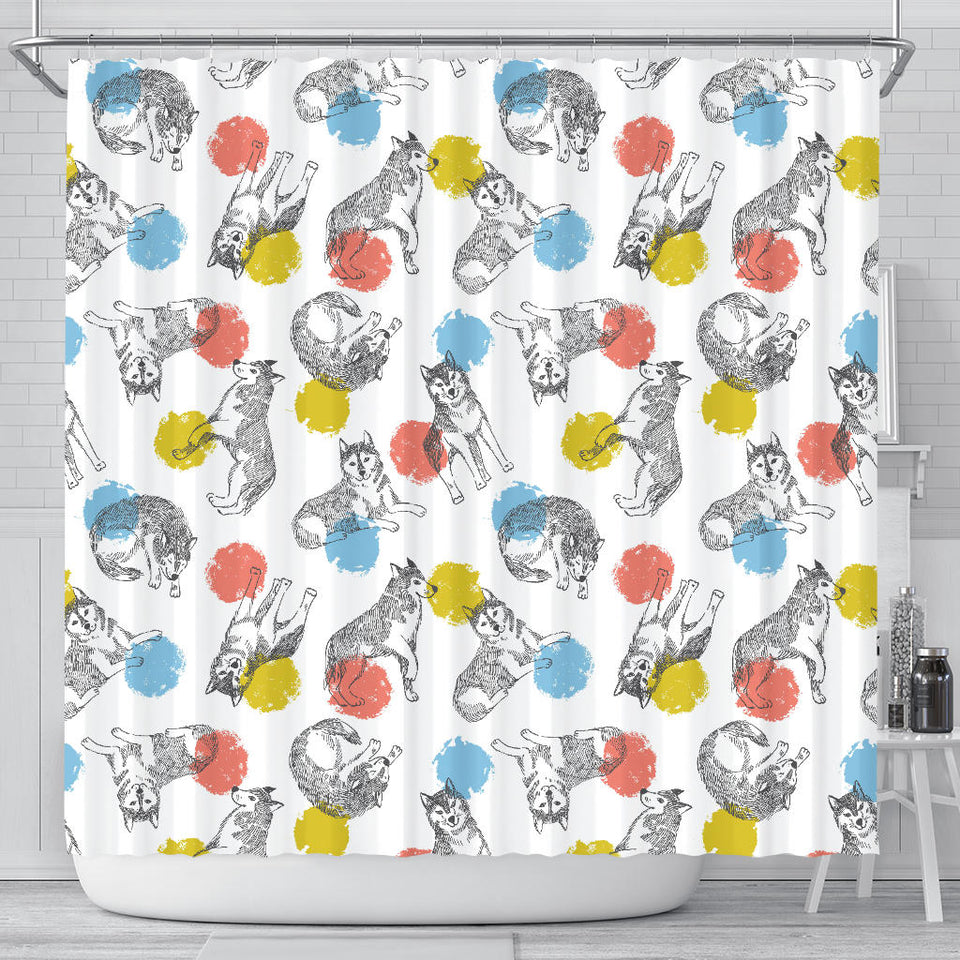 Siberian Husky And Colorful Circle Pattern Shower Curtain Fulfilled In US