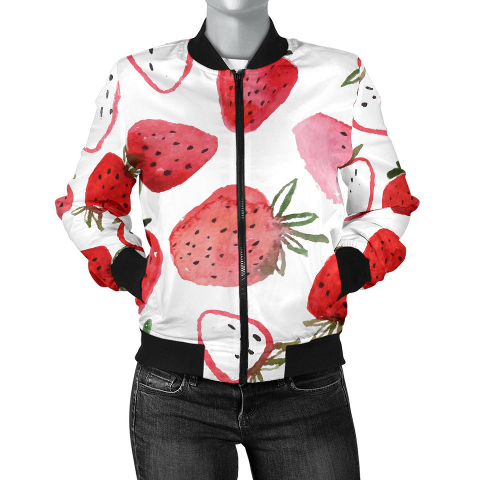 Watercolor Hand Drawn Beautiful Strawberry Pattern Women'S Bomber Jacket