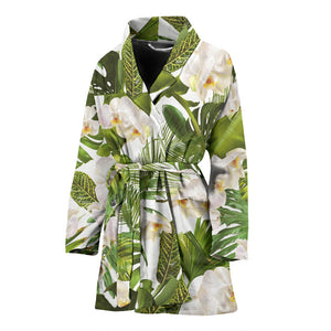 White Orchid Flower Tropical Leaves Pattern Women'S Bathrobe