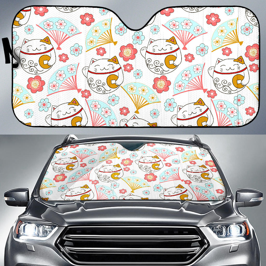 Maneki Neko Cat Fan Sakura Car Sun Shade