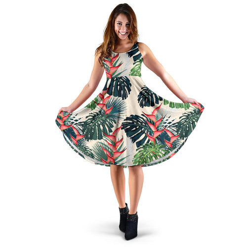 Heliconia Flowers, Palm And Monstera Leaves Sleeveless Midi Dress