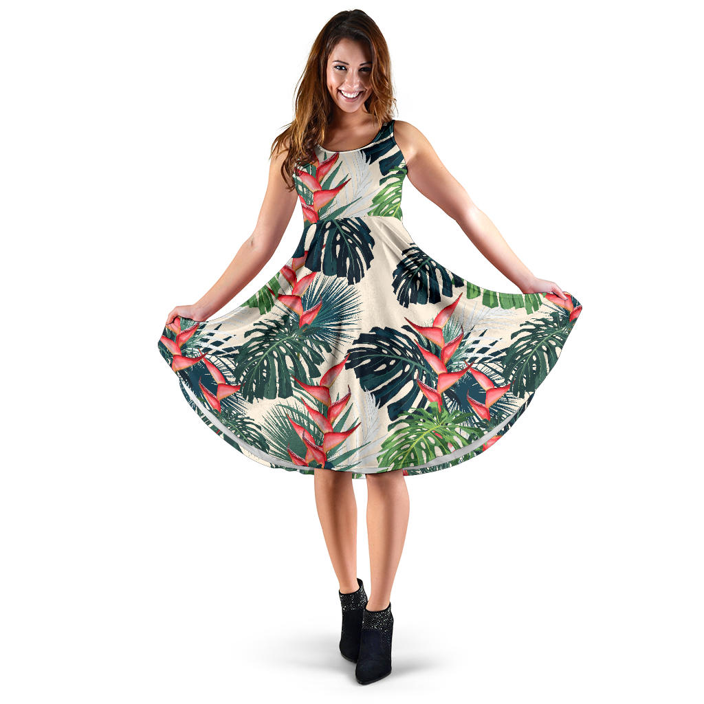 Heliconia Flowers, Palm And Monstera Leaves Sleeveless Midi Dress