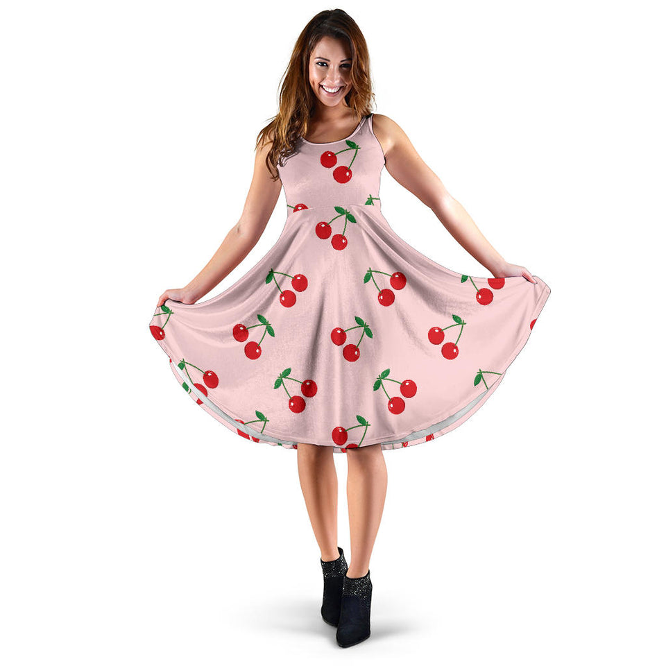 Cherry Pattern Pink Background Sleeveless Midi Dress