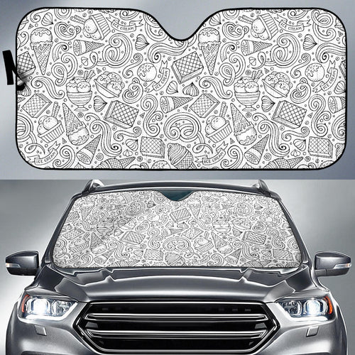 Cartoon Hand Drawn Ice Cream Black White Car Sun Shade