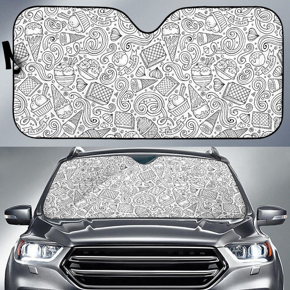 Cartoon Hand Drawn Ice Cream Black White Car Sun Shade