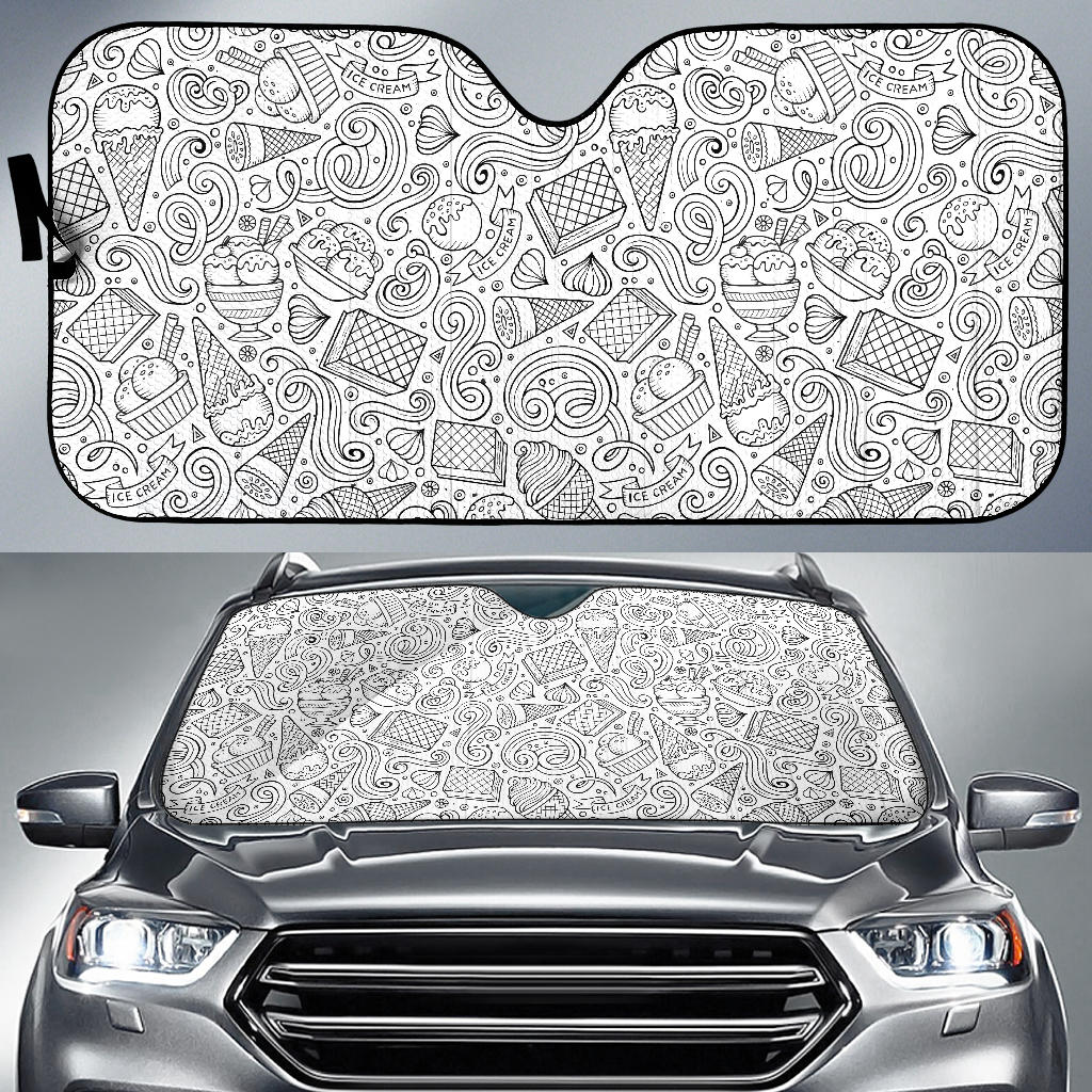 Cartoon Hand Drawn Ice Cream Black White Car Sun Shade