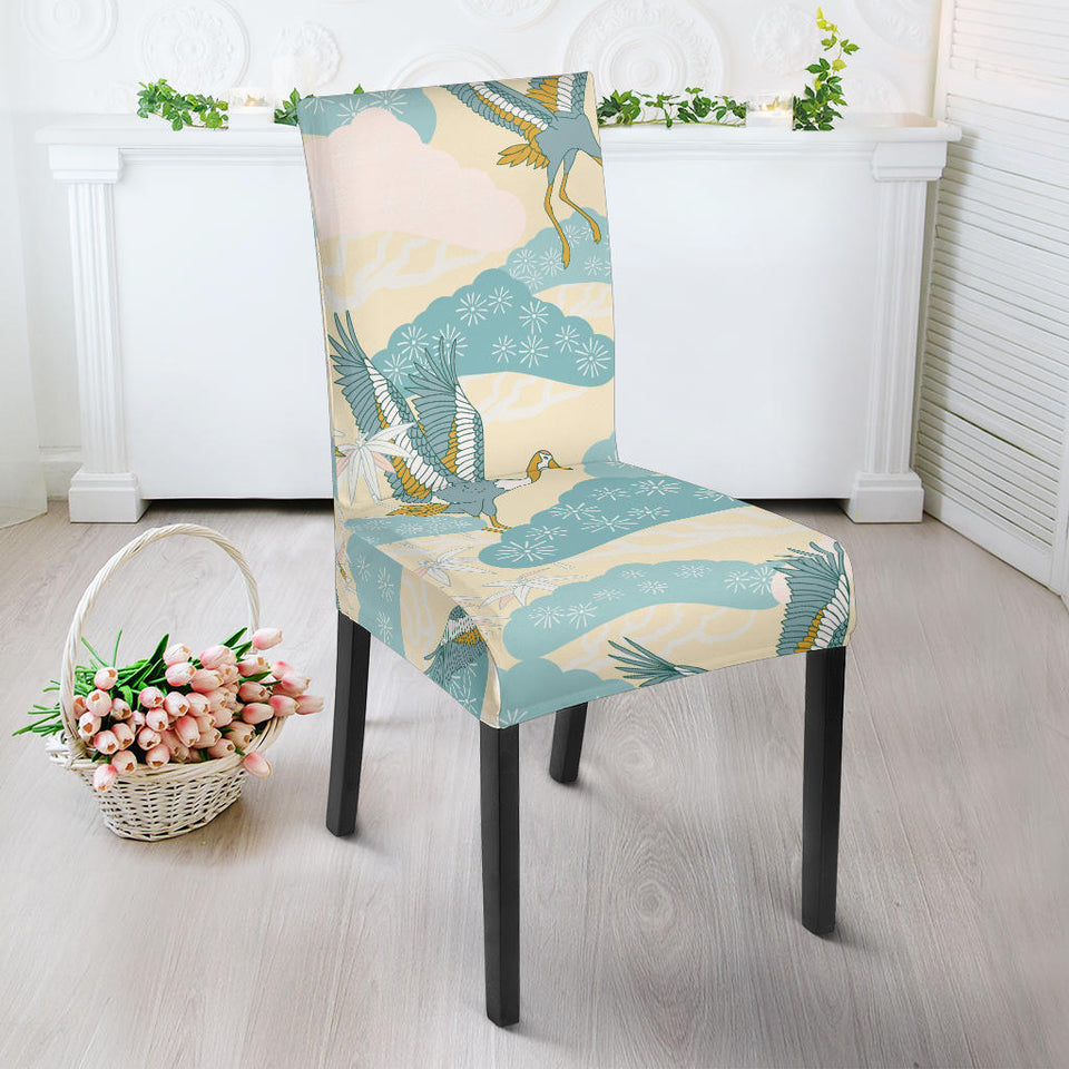 Bonsai Bamboo Stork Japanese Pattern Cream Theme Dining Chair Slipcover