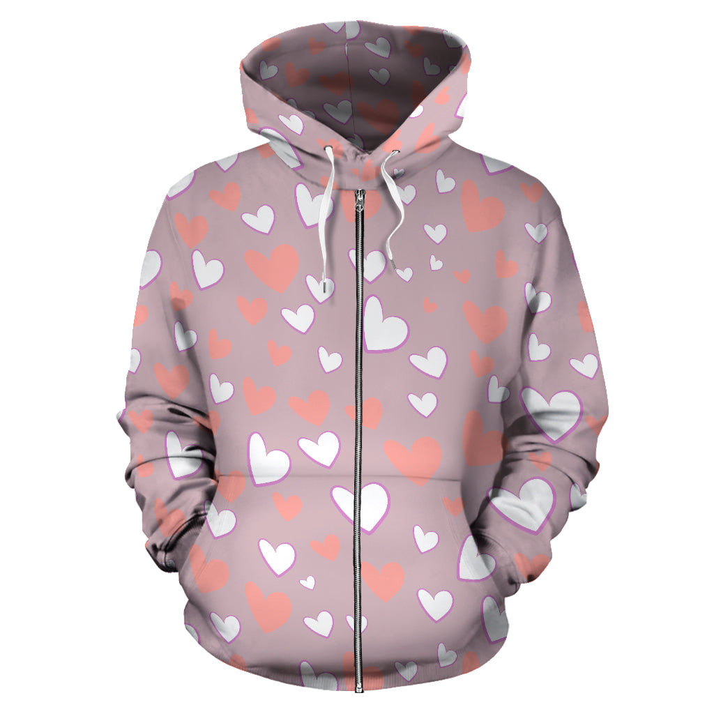 Coral White Heart Pattern Zip Up Hoodie