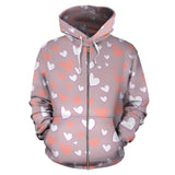 Coral White Heart Pattern Zip Up Hoodie