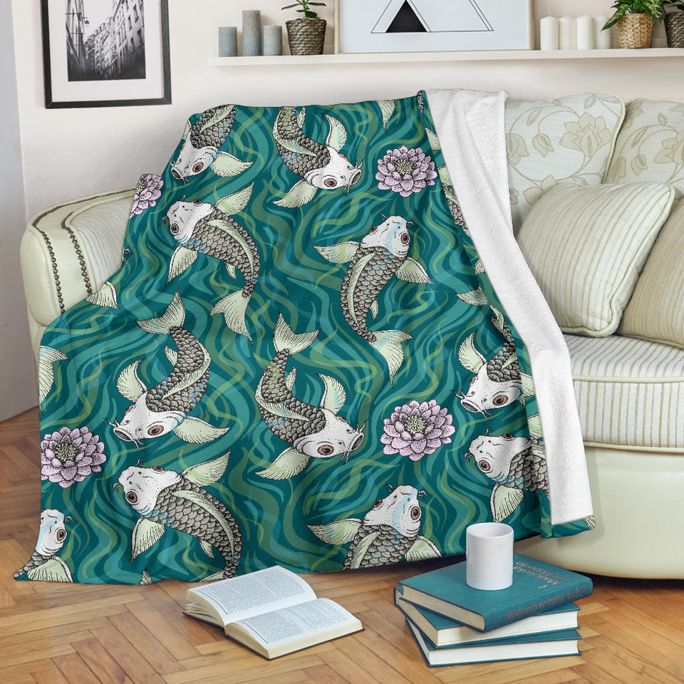 Koi Fish Carp Fish Lotus Pattern Premium Blanket