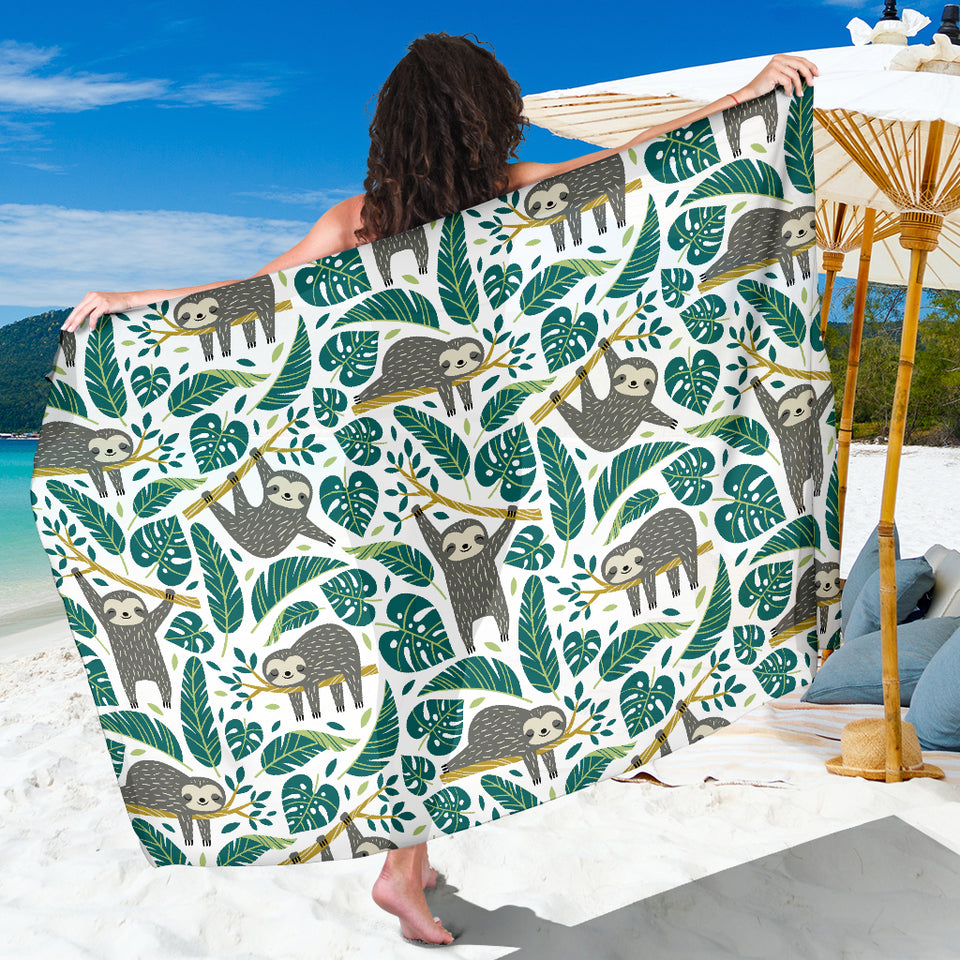 Cute Sloths Tropical Palm Leaves White Background Sarong