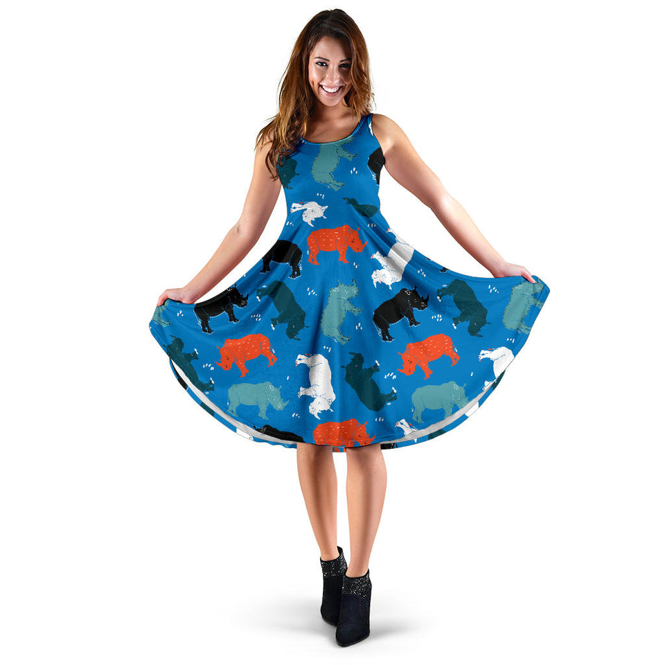 Colorful Rhino Pattern Sleeveless Midi Dress