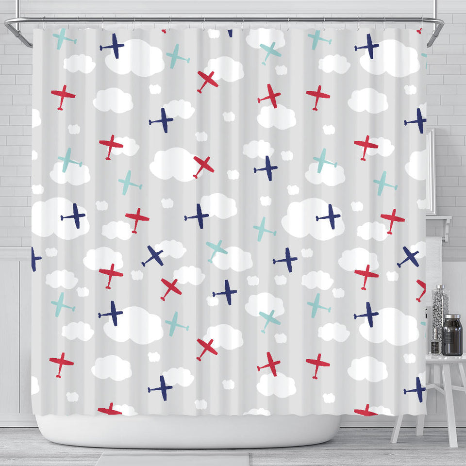Airplane Cloud Grey Background Shower Curtain Fulfilled In US