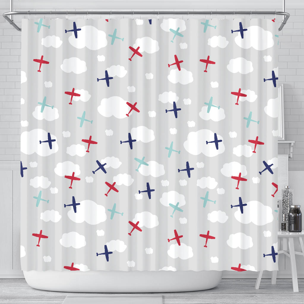 Airplane Cloud Grey Background Shower Curtain Fulfilled In US