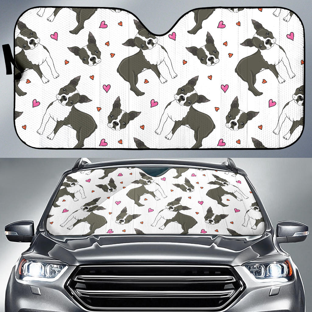 Boston Terrier Dog Hearts Vector Pattern Car Sun Shade