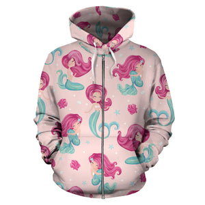 Cute Little Mermaid Pattern Zip Up Hoodie