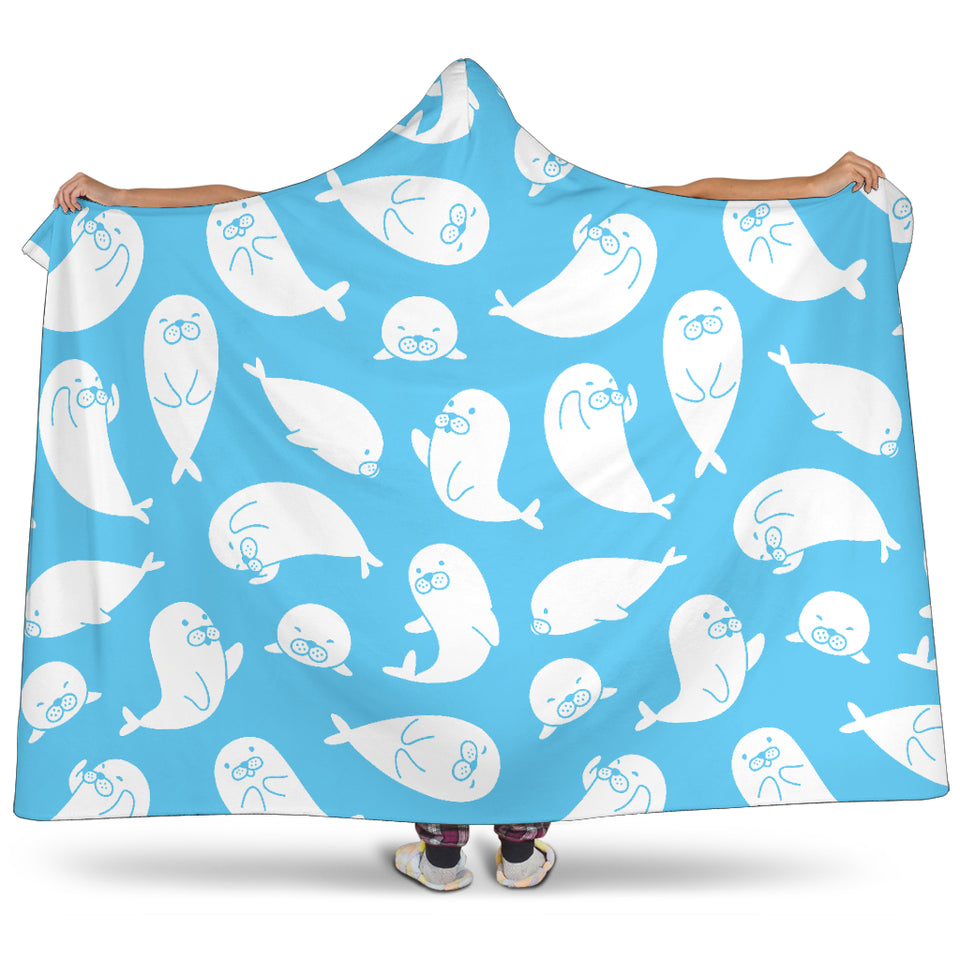 Cute White Sea Lion Seals Pattern Hooded Blanket