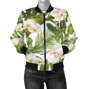 White Orchid Flower Tropical Leaves Pattern Women'S Bomber Jacket