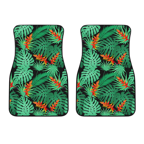 Heliconia Flower Palm Monstera Leaves Black Background Front Car Mats