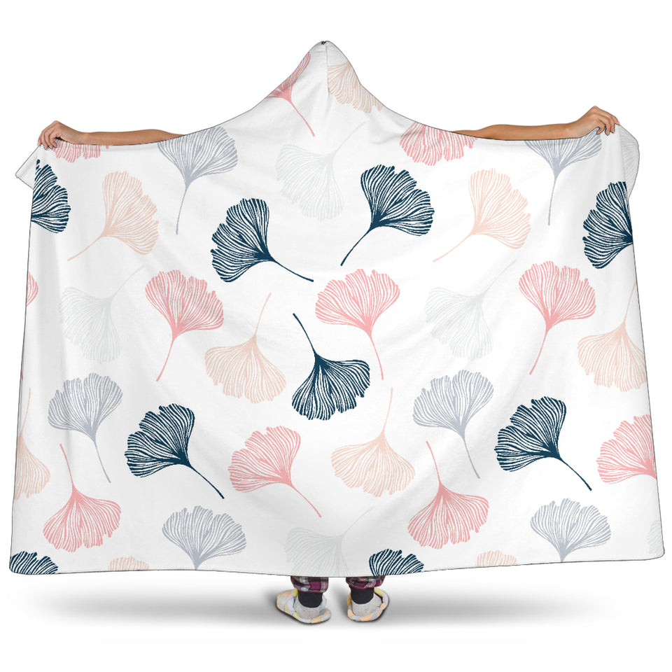 Black Gray Cream Coral Ginkgo Leaves Pattern Hooded Blanket