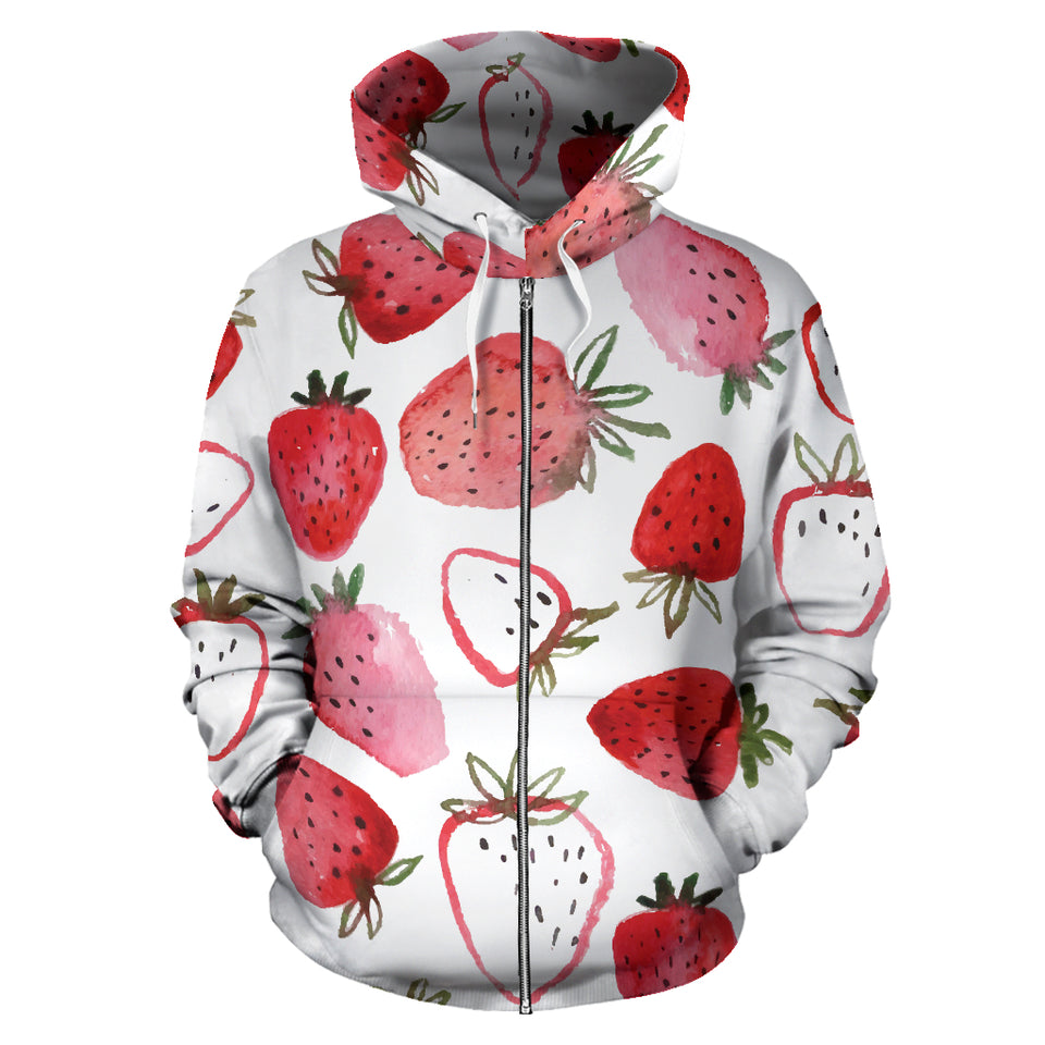 Watercolor Hand Drawn Beautiful Strawberry Pattern Zip Up Hoodie