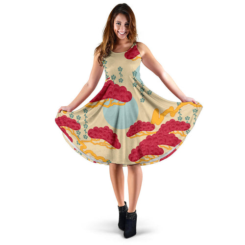 Red Bonsai Gray Sun Japanese Pattern Sleeveless Midi Dress