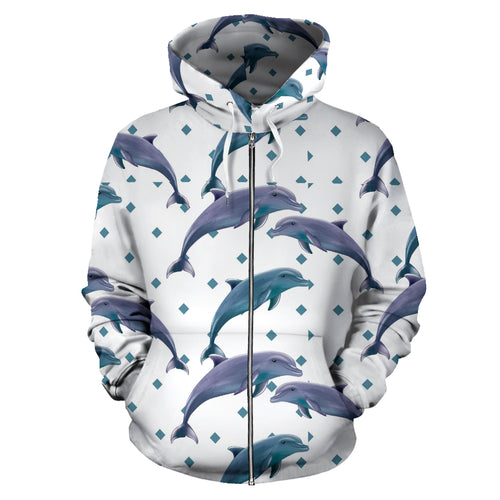 Dolphins Pattern Dotted Background Zip Up Hoodie