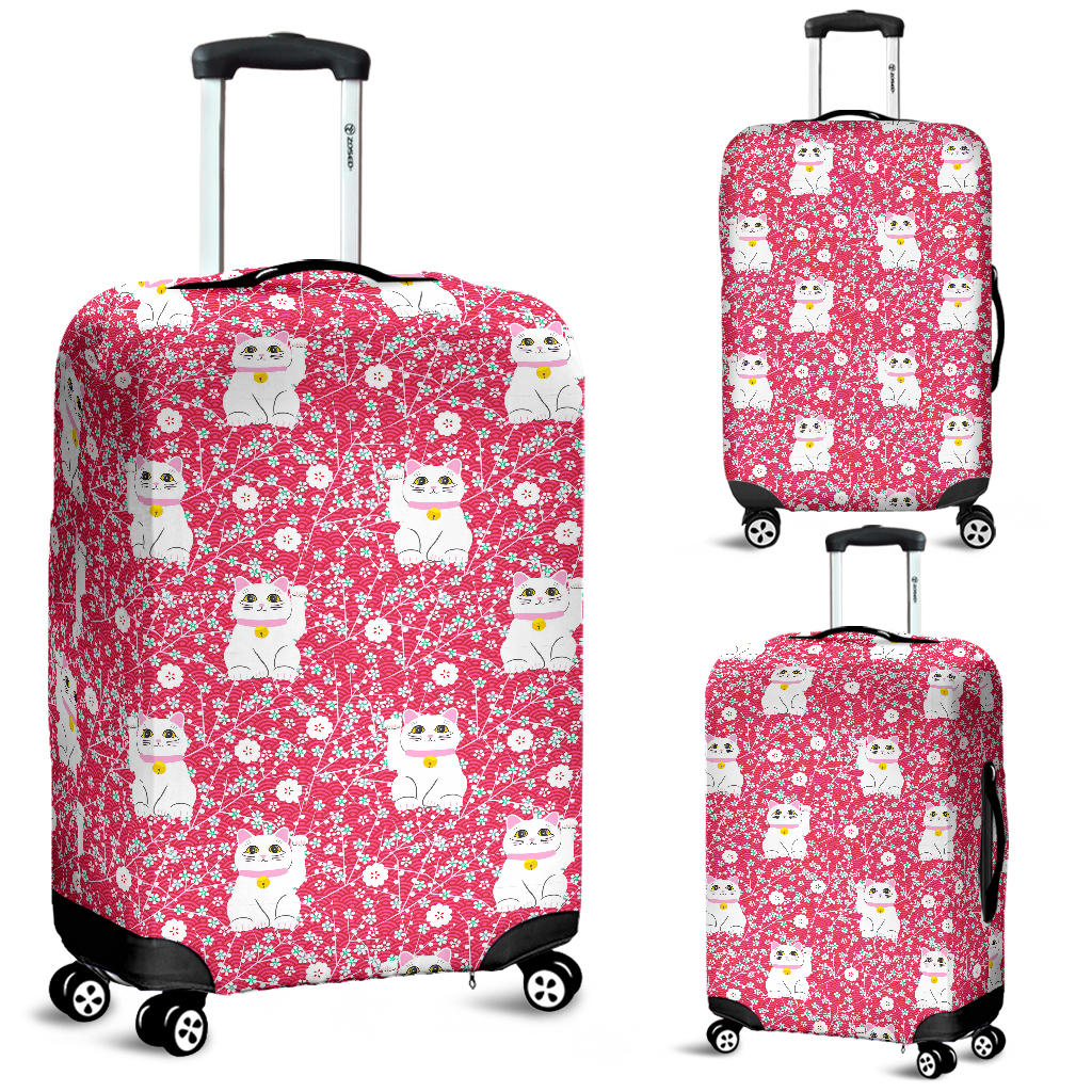 Maneki Neko Lucky Cat Sakura Pink Background Luggage Covers