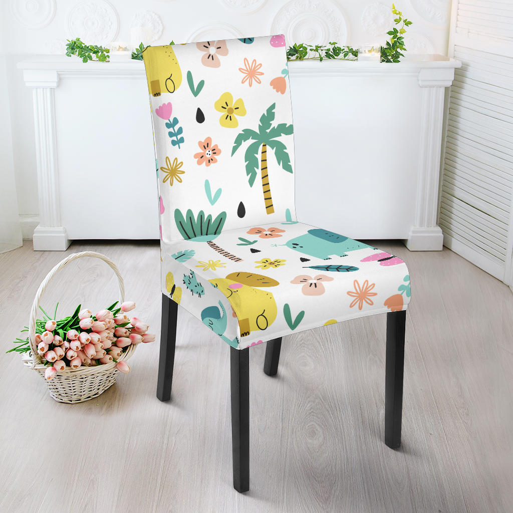 Cute Elephants Palm Tree Flower Butterfly Pattern Dining Chair Slipcover