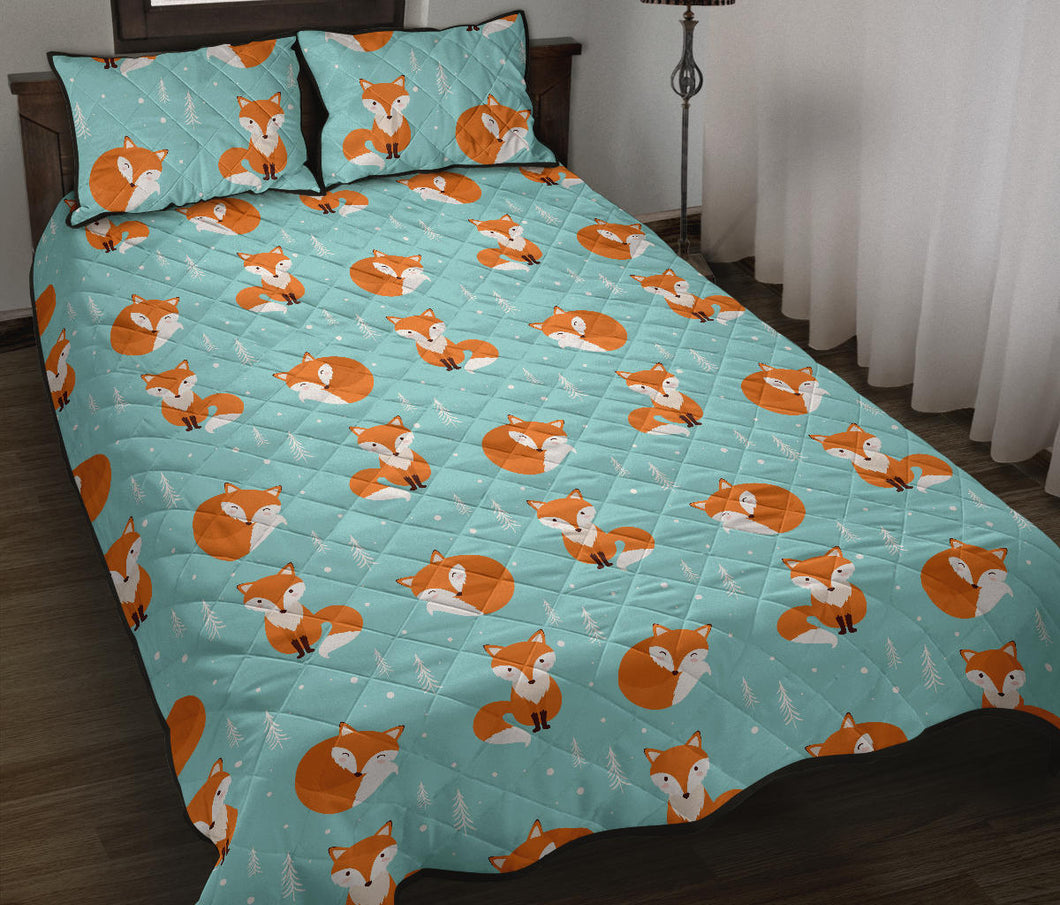 Fox pattern blue b ackground Quilt Bed Set
