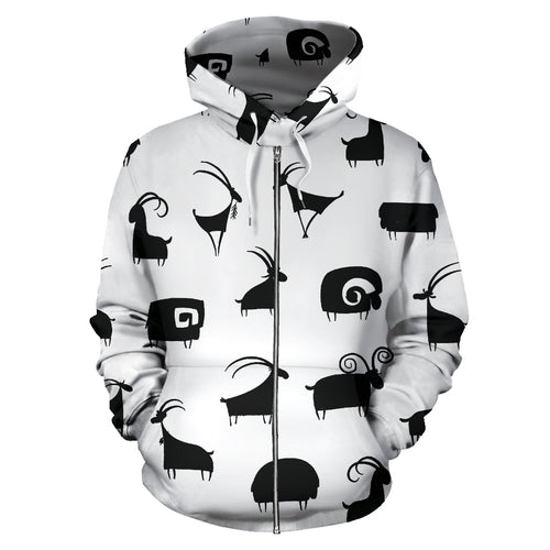 Goat Ram Pattern Zip Up Hoodie