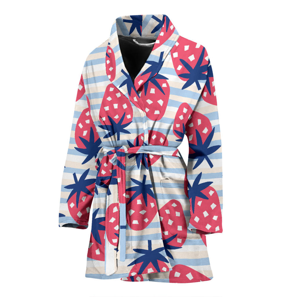 Strawberry Pattern Blue Lines Background Women'S Bathrobe