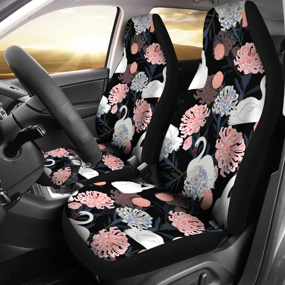 White Swan Blooming Flower Pattern  Universal Fit Car Seat Covers