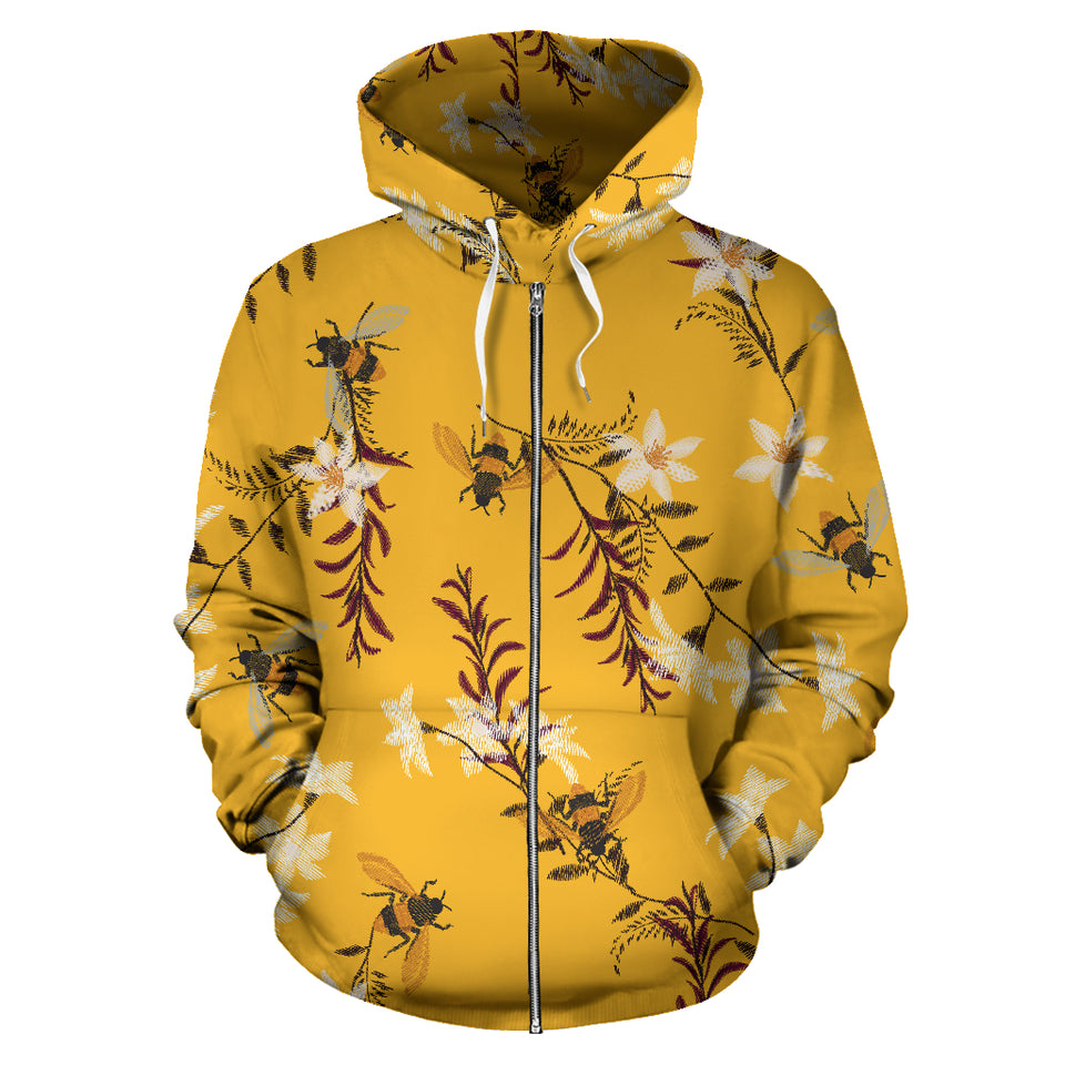 Bee Flower Pattern Zip Up Hoodie