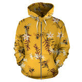 Bee Flower Pattern Zip Up Hoodie