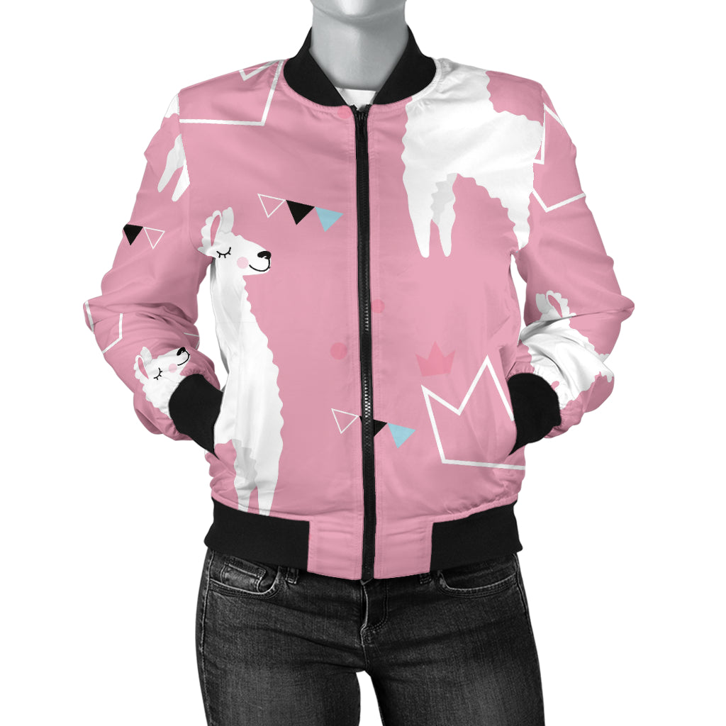 Llama Alpaca Pink Background Women'S Bomber Jacket