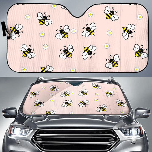 Cute Bee Flower Pattern Pink Background Car Sun Shade