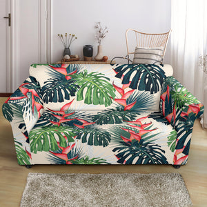 Heliconia Flowers, Palm And Monstera Leaves Loveseat Couch Slipcover