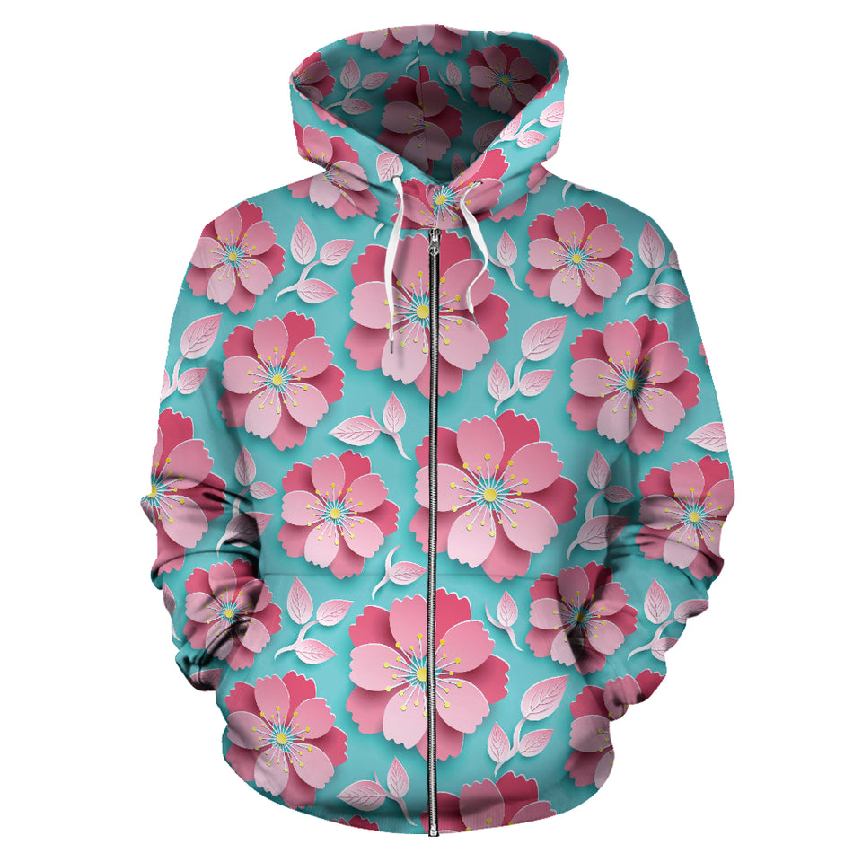 3D Sakura Cherry Blossom Pattern Zip Up Hoodie