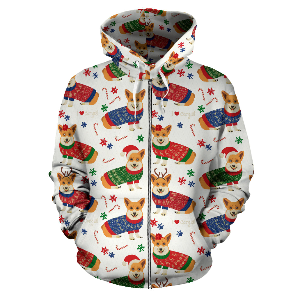 Corgi Christmas Pattern Zip Up Hoodie