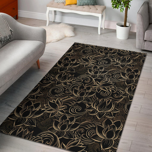 Luxurious Gold Lotus Waterlily Black Background Area Rug
