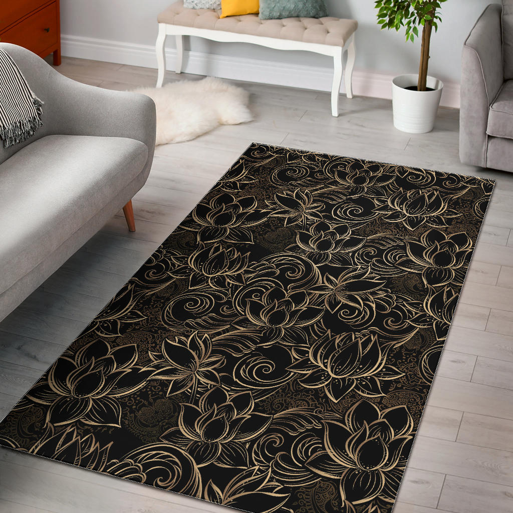 Luxurious Gold Lotus Waterlily Black Background Area Rug