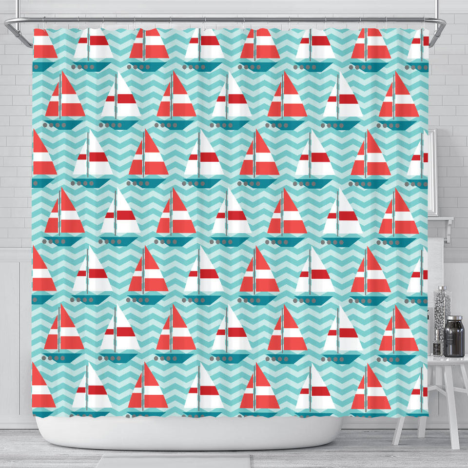 Red White Sailboat Wave Background Shower Curtain Fulfilled In US