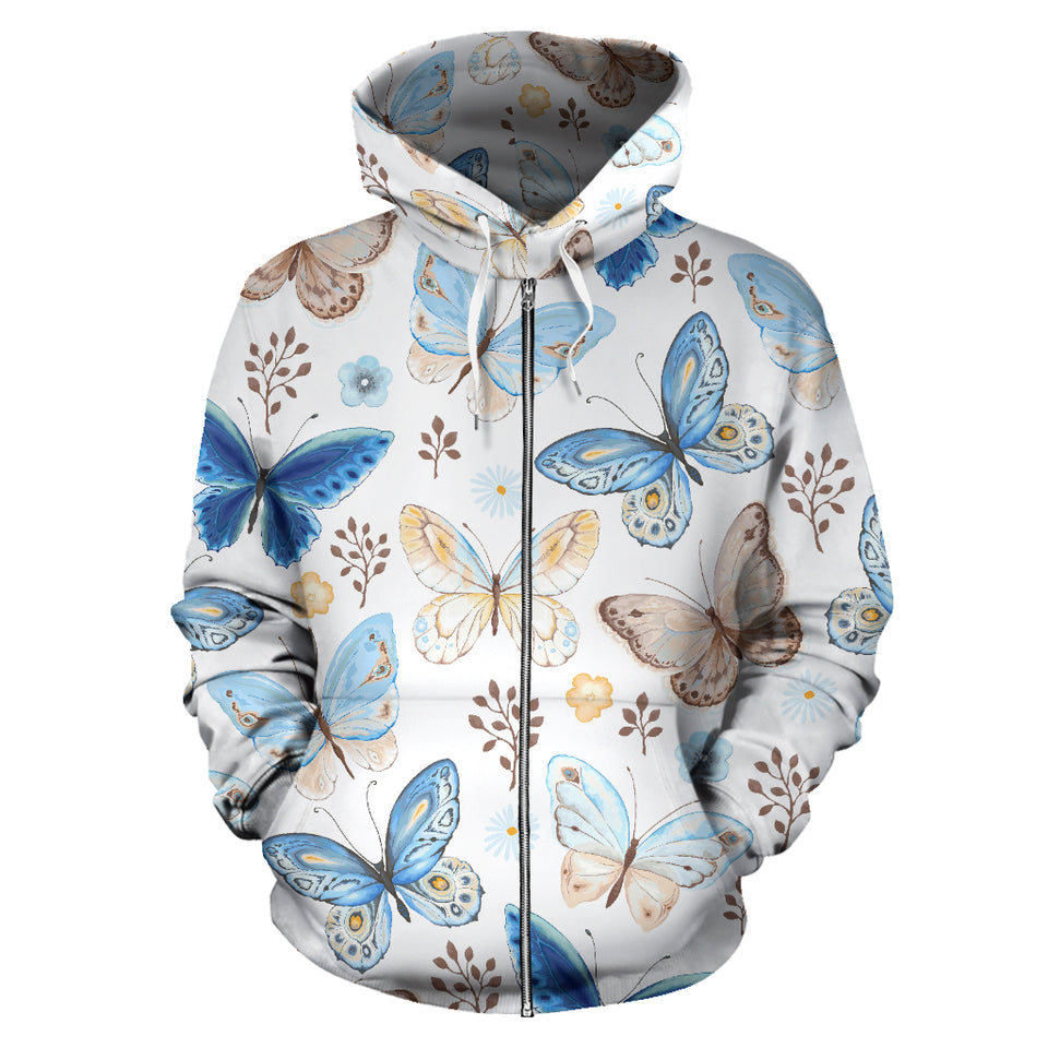 Blue Butterfly Pattern Zip Up Hoodie