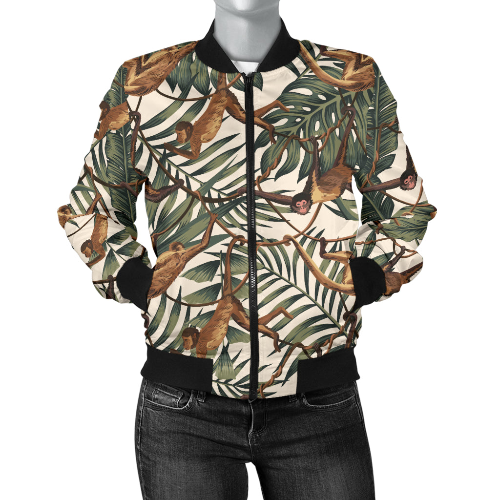 Monkey Tropical Leaves Background Women'S Bomber Jacket