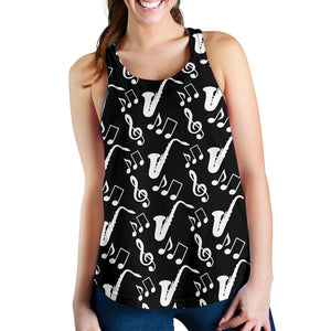 Saxophone music notes treble clef black white theme Women Racerback Tank Top