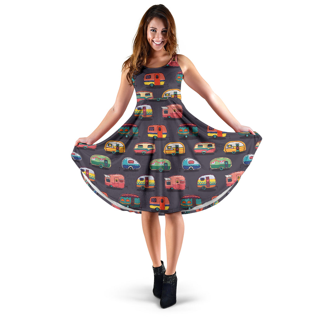 Camper Van Pattern Print Design 02 Sleeveless Midi Dress